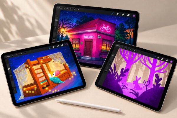 Three iPads showing perspective illustrations painted in Procreate